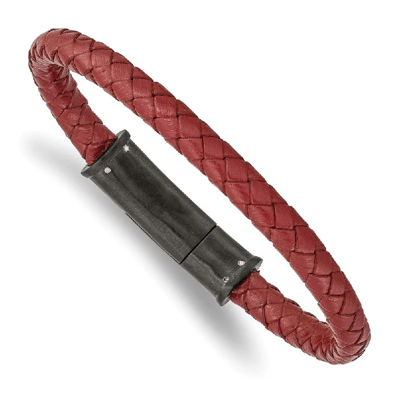 Black Plated Stainless Steel, Red Leather 6mm Braided Bracelet, 8.5 In