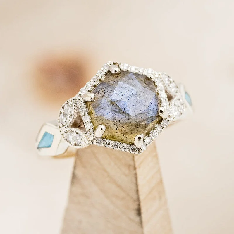 "LUCY IN THE SKY" - HEXAGON CUT LABRADORITE ENGAGEMENT RING WITH DIAMOND ACCENTS & TURQUOISE INLAYS