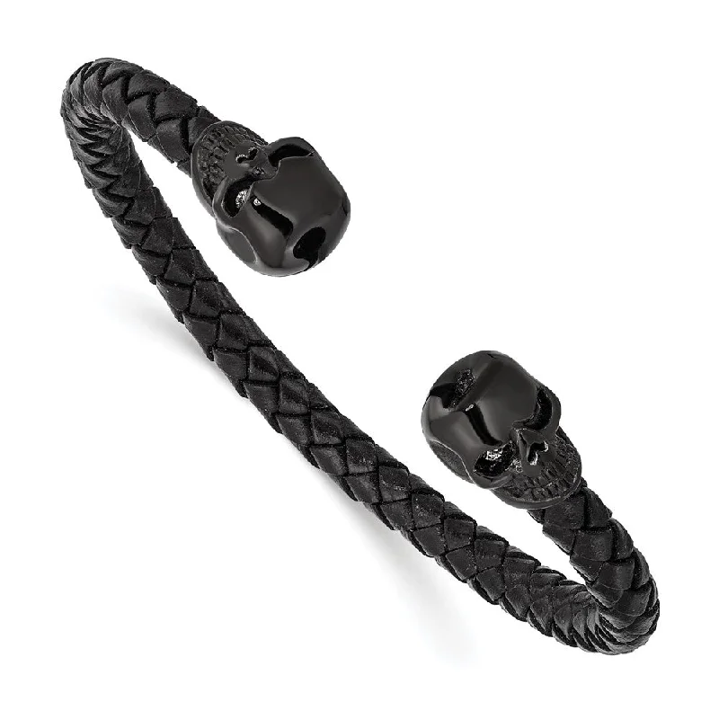 Black Plated Stainless Steel Black Leather Crystal Skull Cuff Bracelet