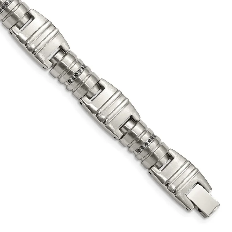 Mens 12.5mm Stainless Steel & Black CZ Fancy Link Bracelet, 8.25 Inch