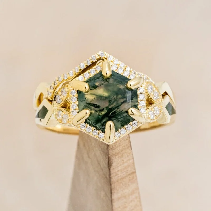 "LUCY IN THE SKY" - HEXAGON CUT MOSS AGATE ENGAGEMENT RING WITH DIAMOND HALO, MOSS INLAYS & DIAMOND TRACER