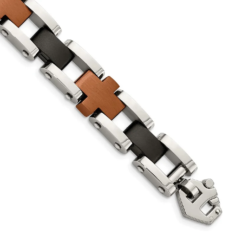 Men's Stainless Steel, Black and Cognac Cross Link Bracelet, 8.75 Inch