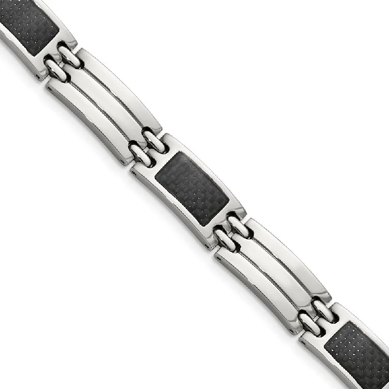 Men's 8mm Stainless Steel Carbon Fiber Link Bracelet, 8.5 Inch