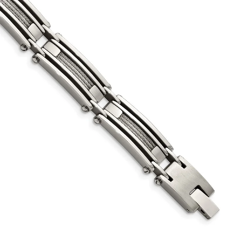 Men's Stainless Steel with Brushed Cable Inlay 9 Inch Bracelet