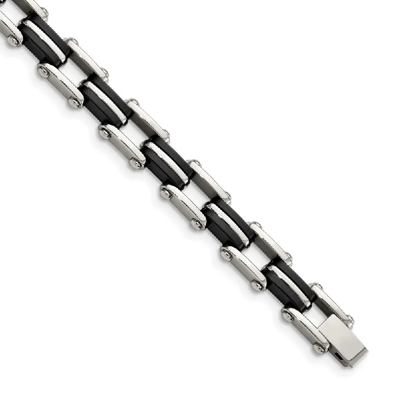 Men's 6mm Stainless Steel Black Rubber Bracelet, 8.75 Inch