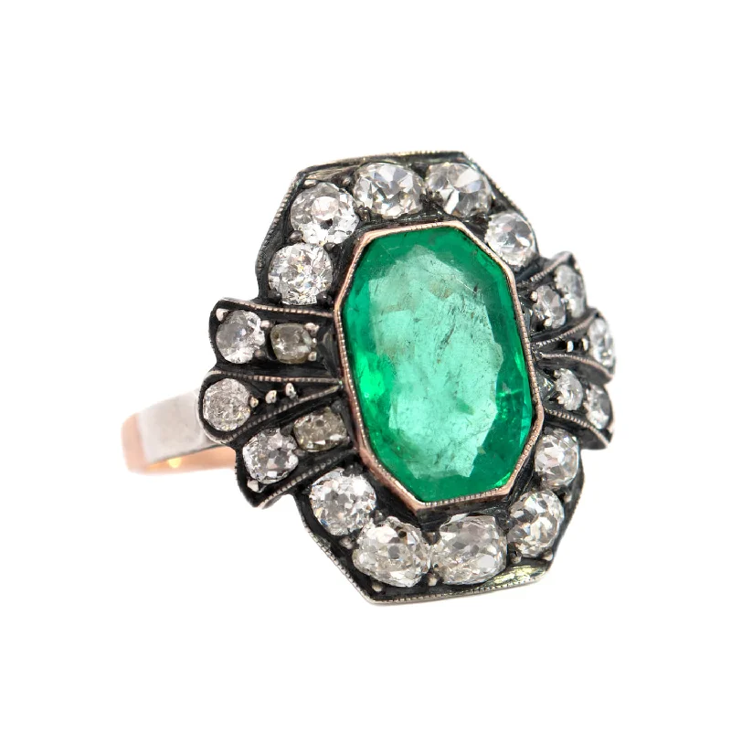 Victorian 15k + Sterling 3.50ctw Emerald + Diamond Cluster Ring