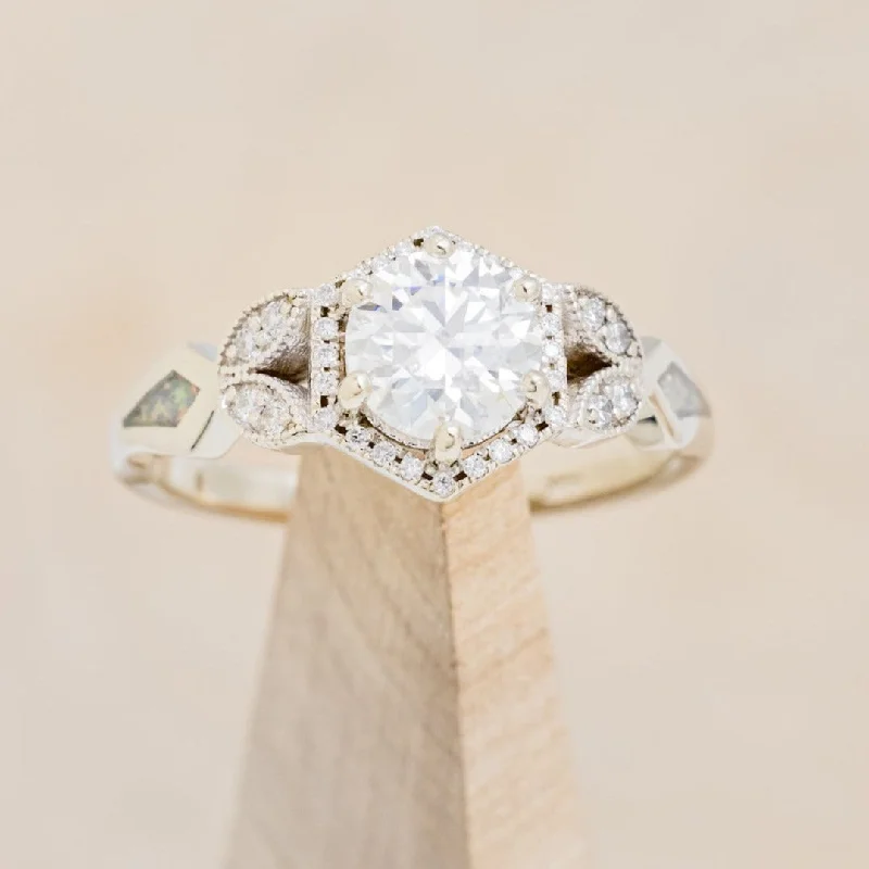 "LUCY IN THE SKY" PETITE - ROUND CUT MOISSANITE ENGAGEMENT RING WITH DIAMOND ACCENTS AND FIRE & ICE OPAL INLAYS