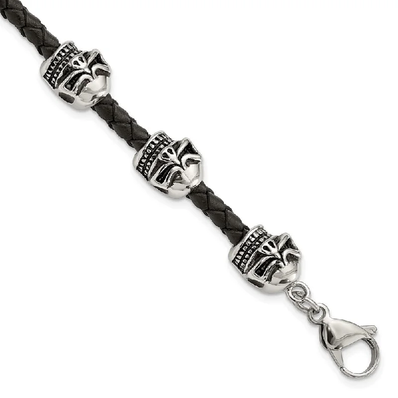 Stainless Steel & Black Leather Antiqued Skulls Bead Bracelet, 8.5 In