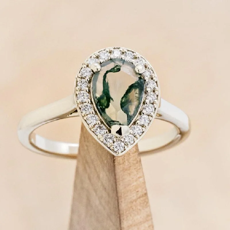 "ARABELLA" - PEAR CUT MOSS AGATE ENGAGEMENT RING WITH DIAMOND HALO