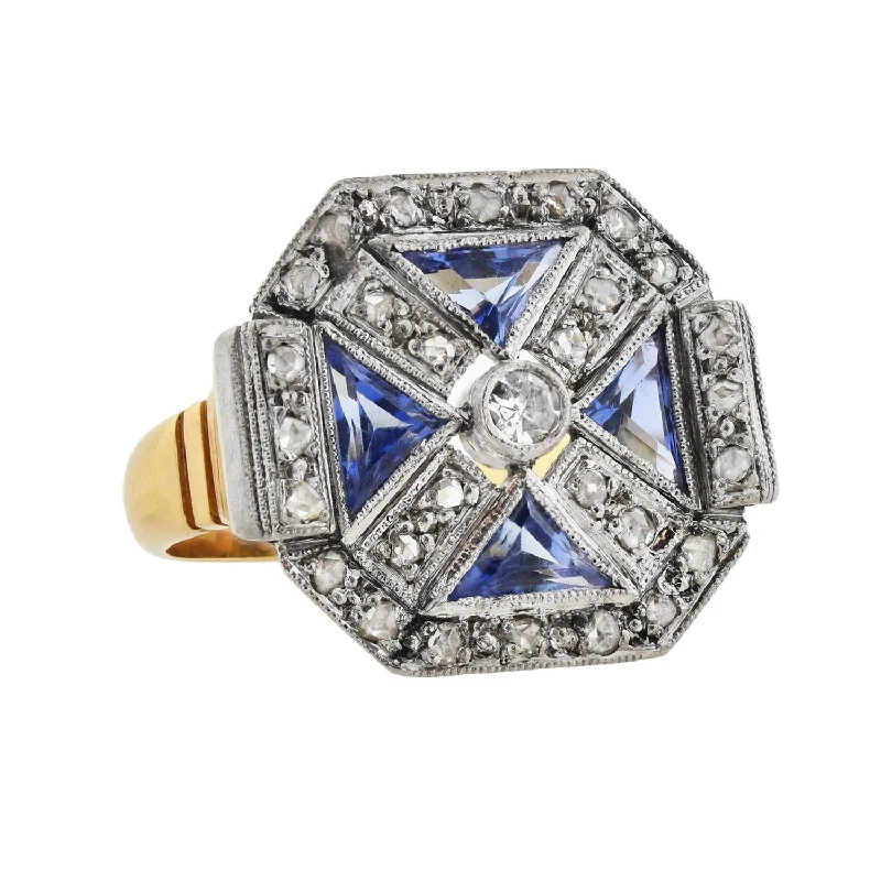 Art Deco 18kt Two-Tone Diamond + Sapphire Ring