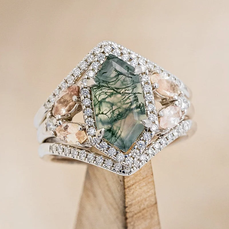 "ZIA" - BRIDAL SUITE - ELONGATED HEXAGON MOSS AGATE ENGAGEMENT RING WITH OREGON SUNSTONE ACCENTS & DIAMOND TRACERS