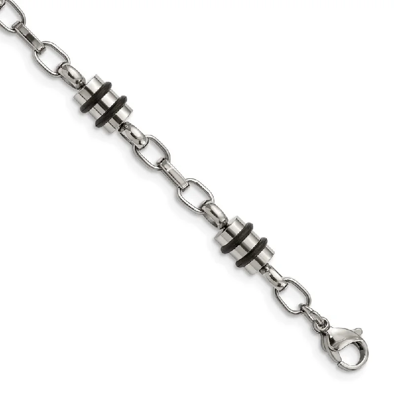 Men's Stainless Steel and Rubber Accent Barrel Link Bracelet - 8 Inch