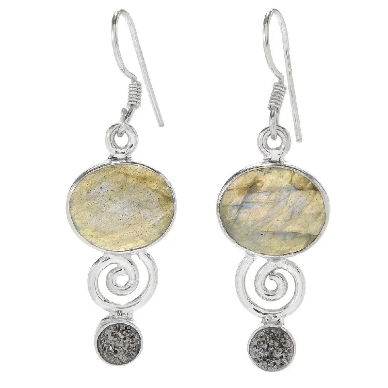 Sterling Silver 1.5" 12 x 10mm Labradorite & Drusy Drop Earrings