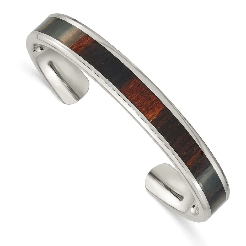 Men's 10mm Stainless Steel & Enameled Black Wood Inlay Cuff Bracelet