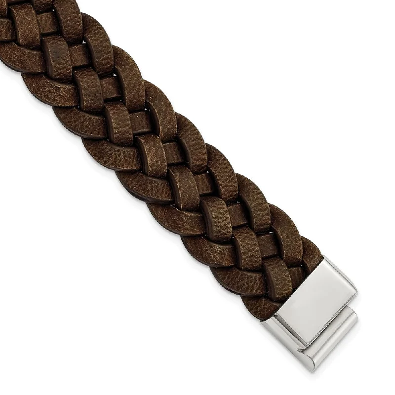 Men's 20mm Stainless Steel & Brown Leather Woven Bracelet, 8.75 Inch