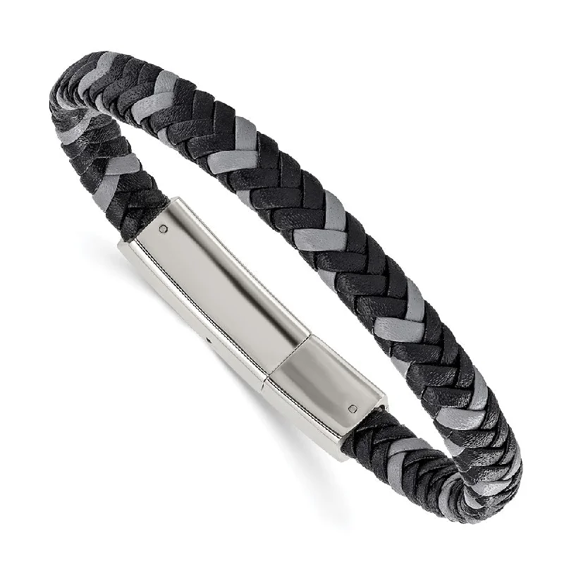 7mm Stainless Steel, Black & Gray Braided Leather Bracelet, 8 Inch