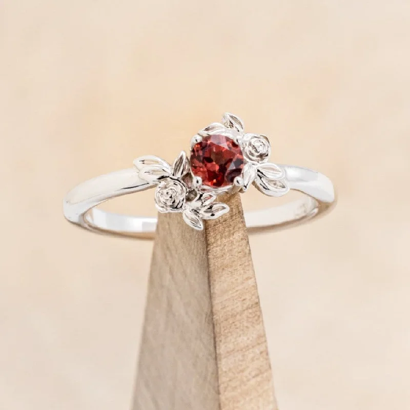 "ROSA" - ROUND CUT MOZAMBIQUE GARNET ENGAGEMENT RING WITH FLOWER ACCENTS