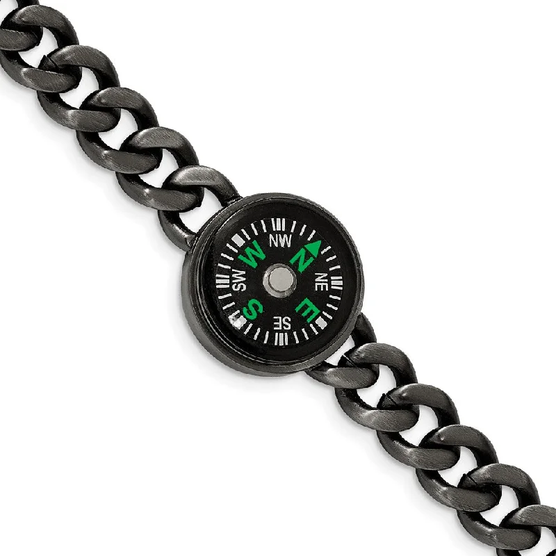 Gun Metal Plated Stainless Steel Functional Compass Bracelet, 8.25 In