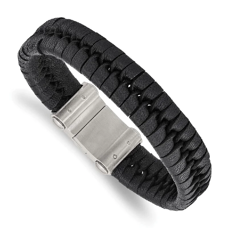 Men's 15mm Stainless Steel & Black Leather Woven Bracelet, 8.5 Inch