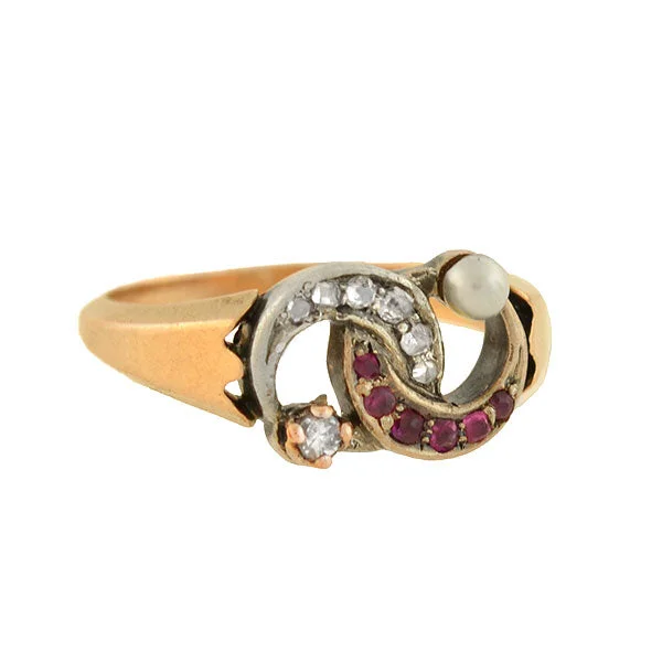 Victorian 14kt Diamond, Pearl + Ruby Double Crescent Ring