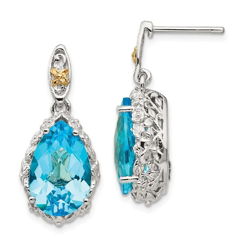 14k Gold and Sterling Silver Blue Gemstone Dangle Earrings (L-27 mm, W-13 mm)