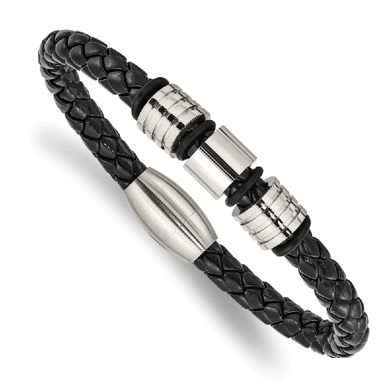 Stainless Steel Black Leather Polished & Grooved Bead Bracelet, 8.5 In