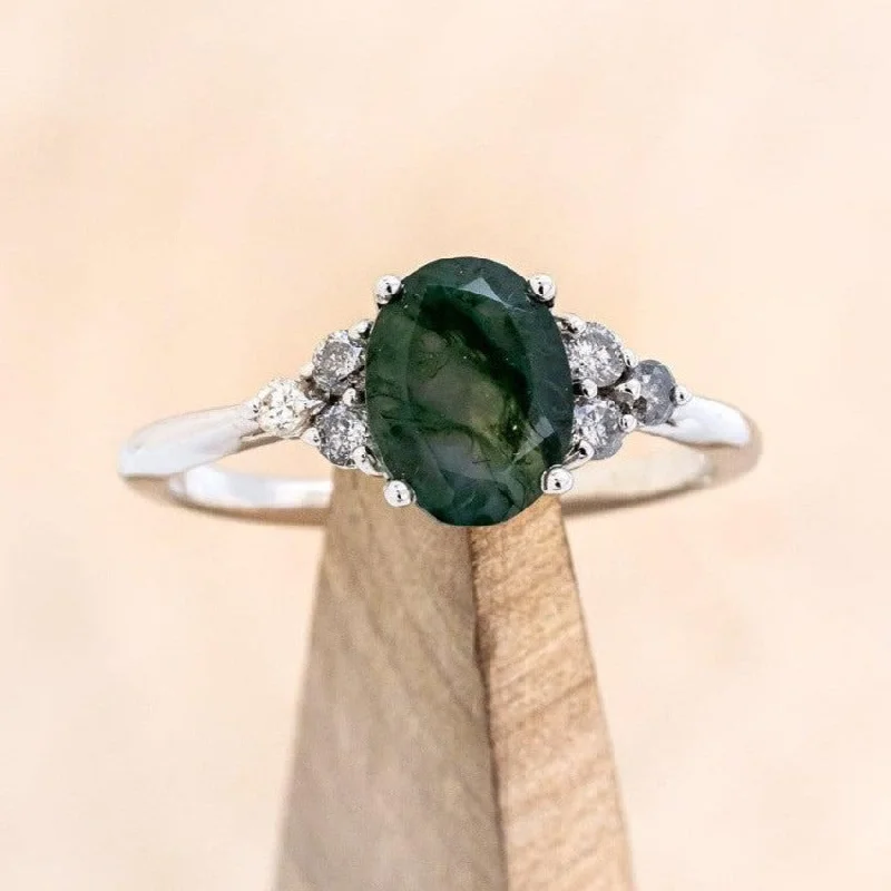 "RHEA" - OVAL CUT MOSS AGATE ENGAGEMENT RING WITH SALT & PEPPER DIAMOND ACCENTS