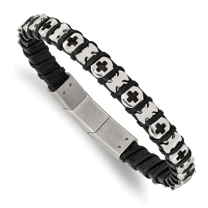 9mm Stainless Steel & Black Leather Adjustable Cross Bracelet, 8 Inch