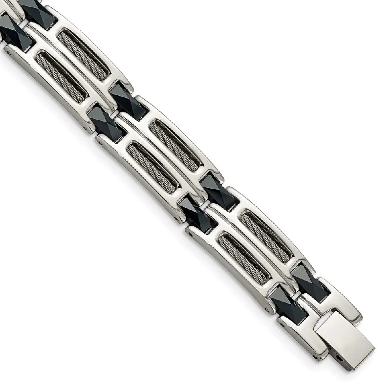 Men's Stainless Steel and Blue Ceramic Link Bracelet, 8.75 Inch