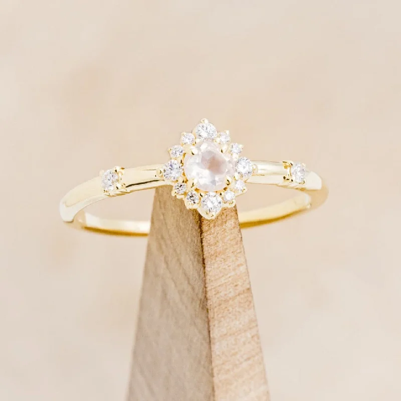 "STARLA" - ROUND CUT ROSE QUARTZ ENGAGEMENT RING WITH STARBURST DIAMOND HALO