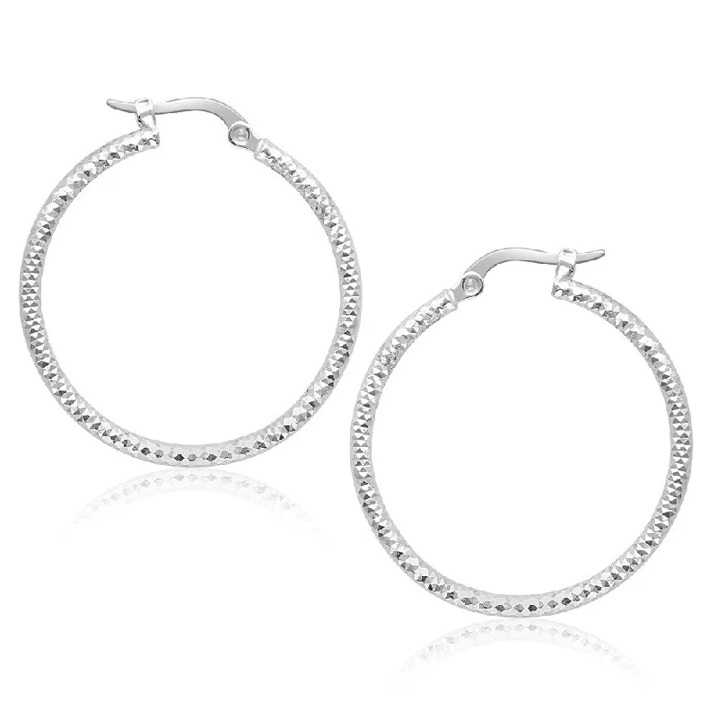 14k White Gold Tube Textured Round Hoop Earrings