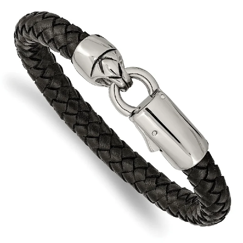 8mm Stainless Steel & Black or Blue Leather Woven Bracelet, 8.25 Inch