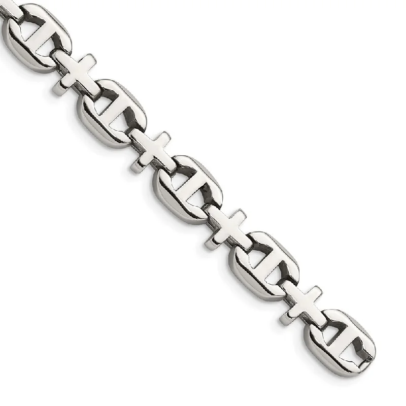 Men's 10mm Cross and Anchor Link Stainless Steel Bracelet, 8.5 Inch