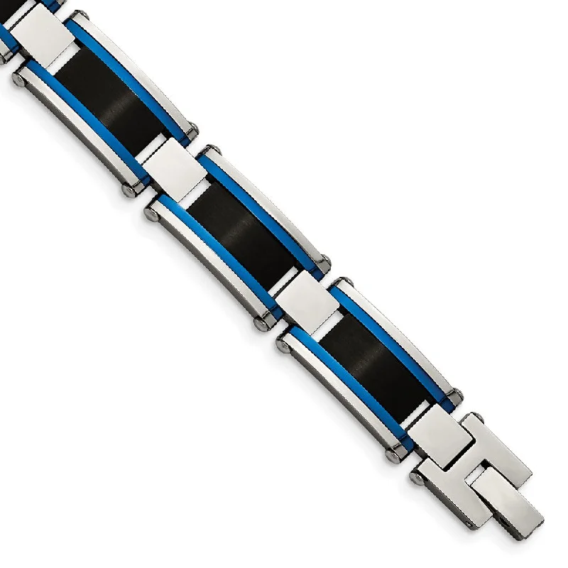 12.5mm Stainless Steel, Black & Blue Plated Link Bracelet, 8.75 Inch