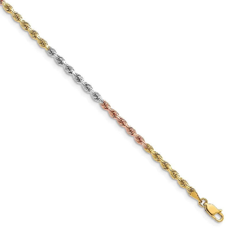 3mm 14k Tri-Color Gold, D/C Solid Rope Chain Bracelet