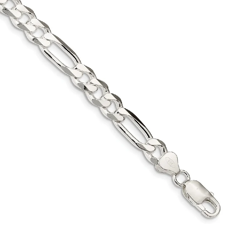 7.75mm Rhodium Plated Sterling Silver Solid Figaro Chain Bracelet 8 In