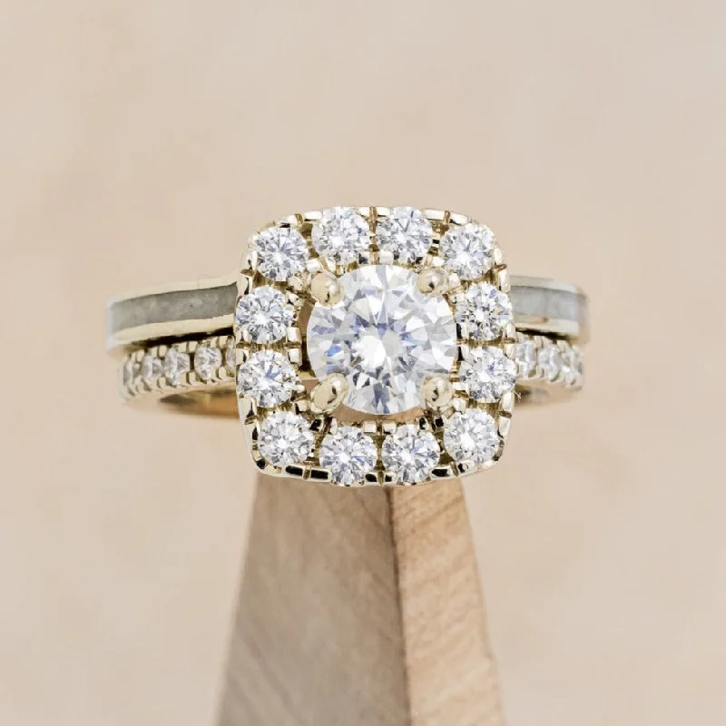 ROUND CUT MOISSANITE ENGAGEMENT RING WITH DIAMOND HALO & ANTLER STACKING BAND