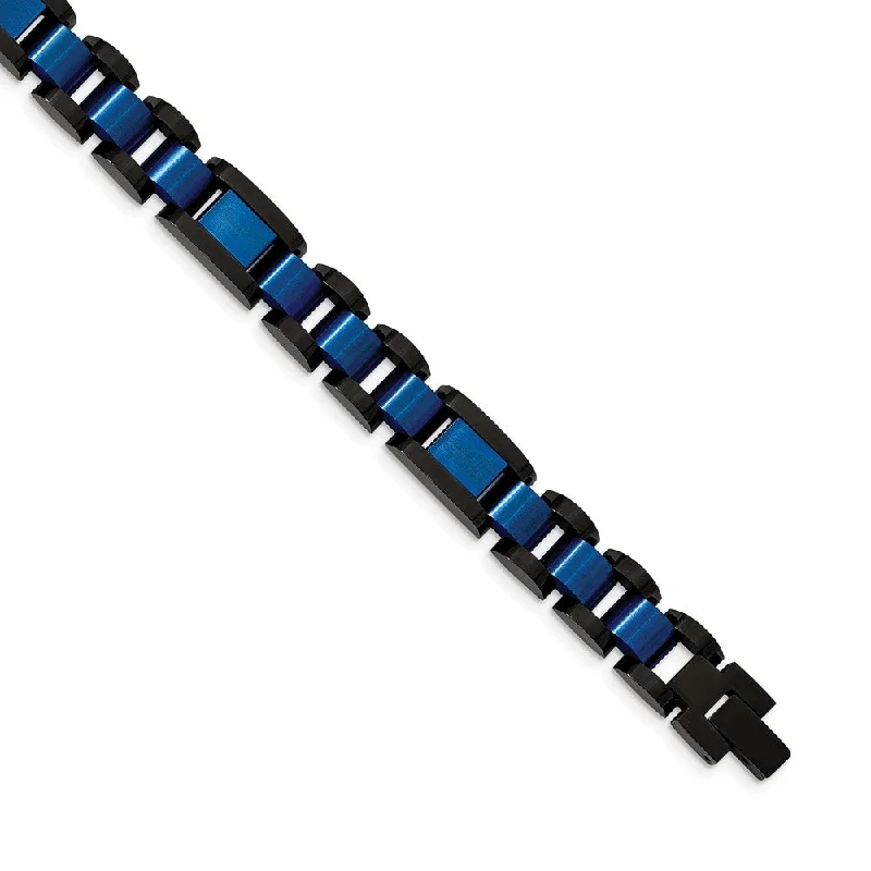 Mens 12mm Black & Blue Plated Stainless Steel Link Bracelet, 8.75 Inch