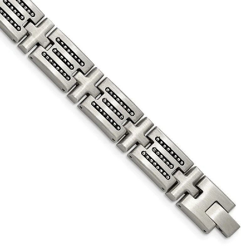 Mens 12mm Stainless Steel Brushed & Beaded Cross Link Bracelet, 8.5 In