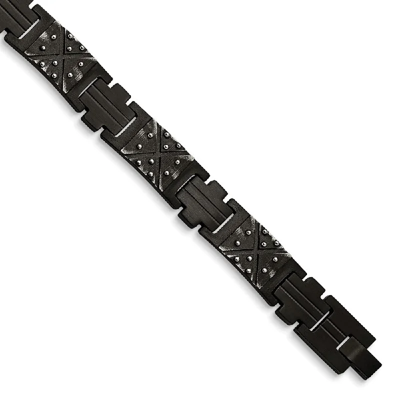 12mm Black Plated Stainless Steel Brushed Link Bracelet, 9.25 Inch