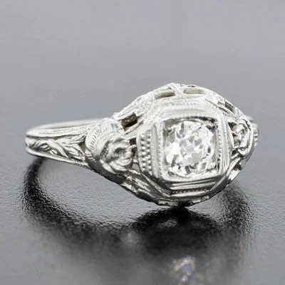 Art Deco 18kt Rose Motif Diamond Engagement Ring .35ct