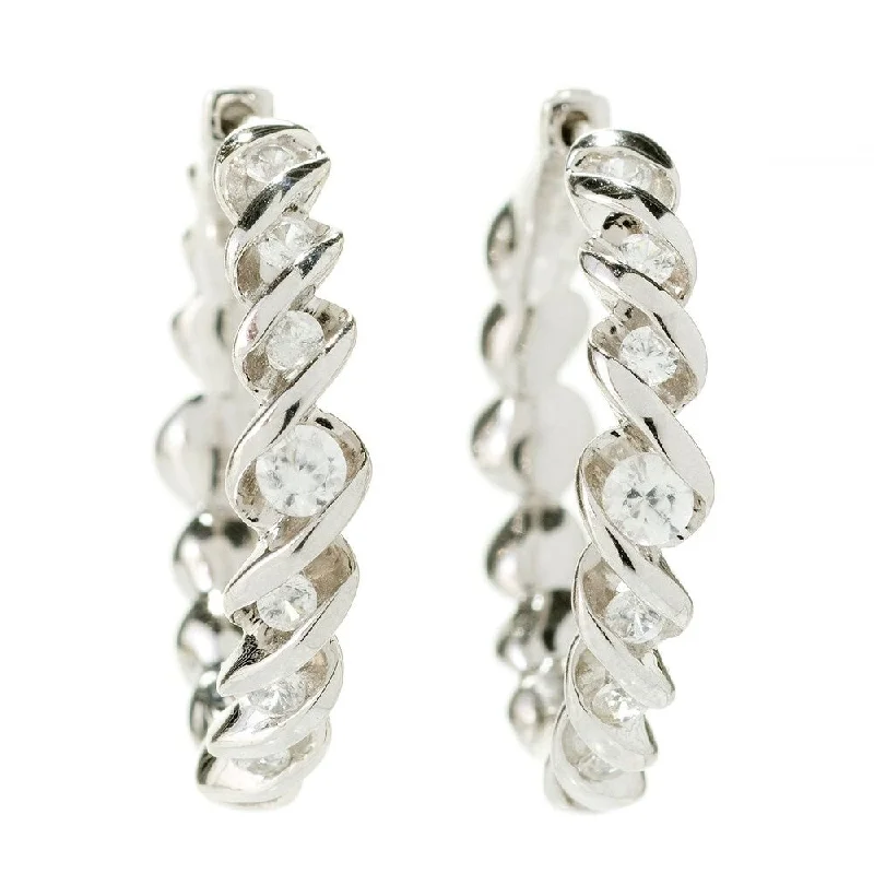 Rhodium Over Silver 1ctw White Zircon Twisted Hoop Earrings 0.9'L