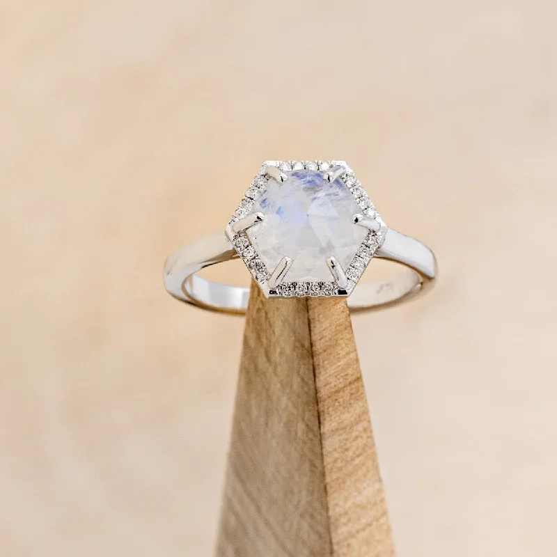 HEXAGON MOONSTONE ENGAGEMENT RING WITH DIAMOND HALO