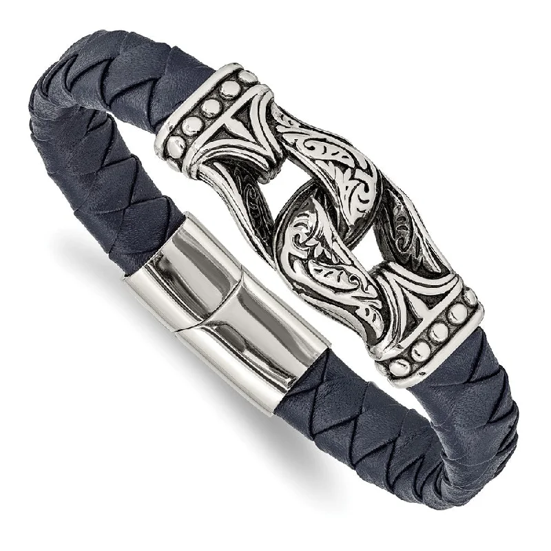 Stainless Steel & Blue Leather Antiqued Ornate Bracelet, 8.75 Inch