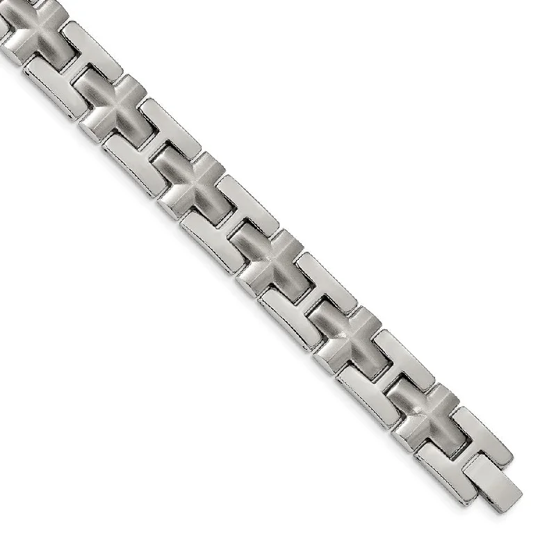 13mm Stainless Steel Polished & Brushed Cross Link Bracelet, 8.5 Inch