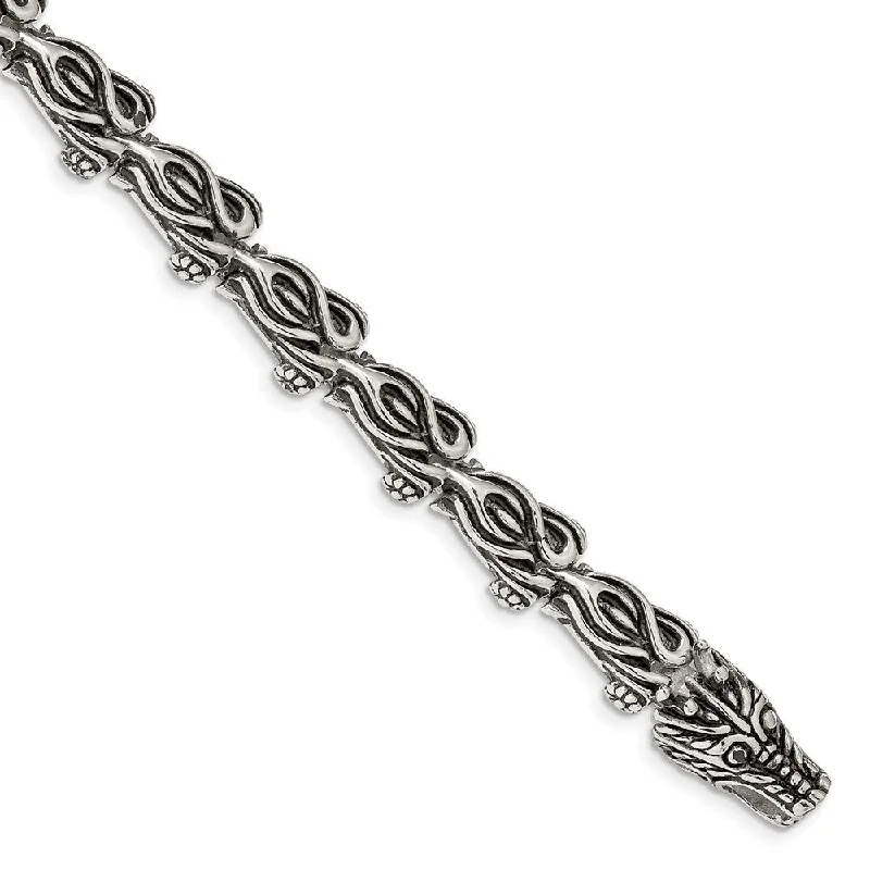 Men's 11mm Stainless Steel Antiqued Dragon Link Bracelet, 8.25 Inch