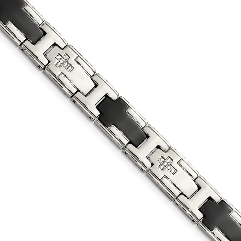 12mm Stainless Steel, Black Plated & CZ Cross Link Bracelet, 8.5 Inch