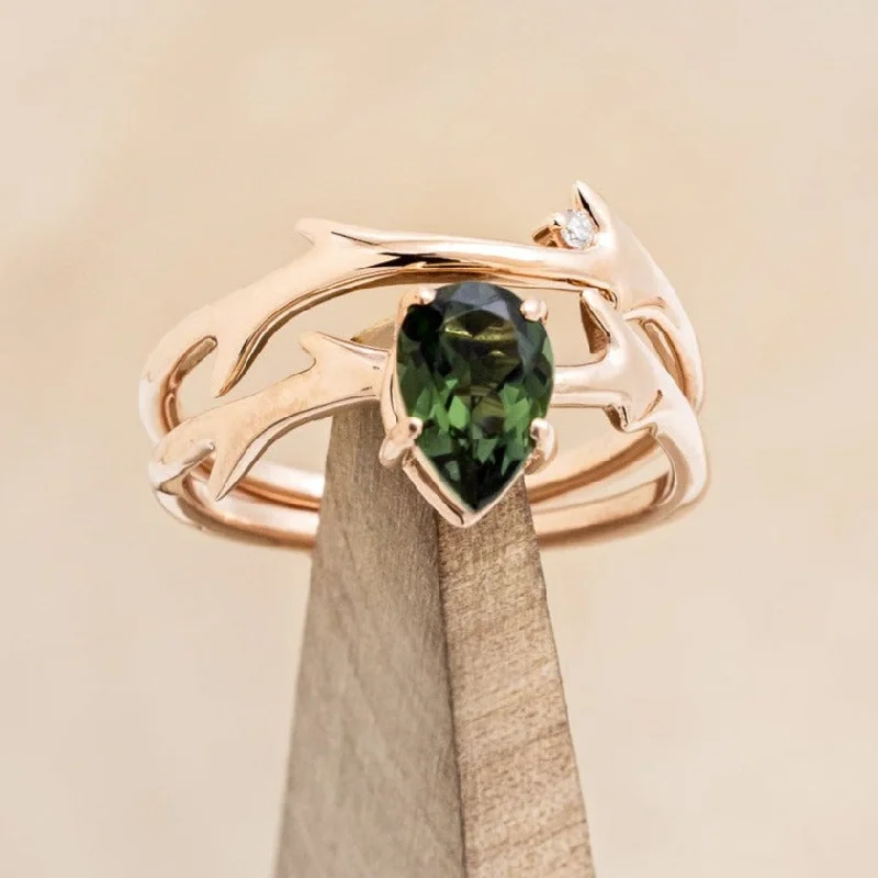 "ARTEMIS" - PEAR GREEN TOURMALINE ENGAGEMENT RING WITH AN ANTLER-STYLE STACKING BAND WITH DIAMOND ACCENT