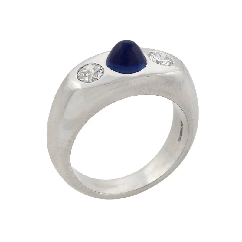 Art Deco Platinum 3-Stone Diamond + Bullet Cabochon Sapphire Ring