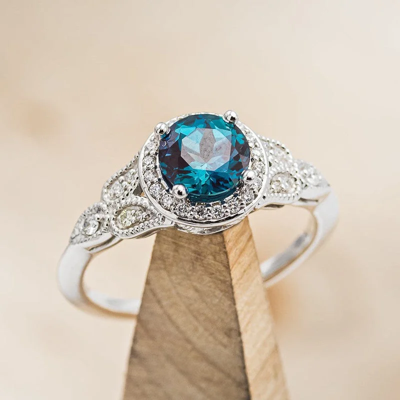 ROUND CUT LAB-GROWN ALEXANDRITE ENGAGEMENT RING WITH DIAMOND HALO & ACCENTS